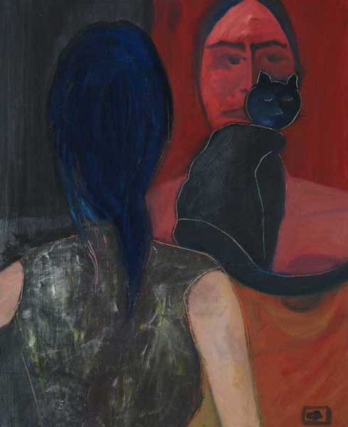 Un tableau envoûtant qui évoque une atmosphère sombre et mystérieuse, dominé par un chat noir de profondeur inégalable.