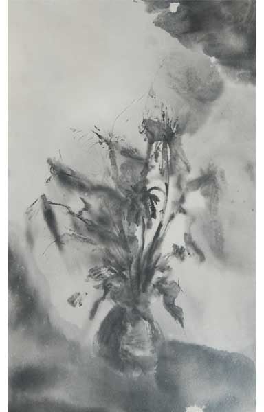 Dessin à l'encre de chine sur papier de riz + le pot de fleur