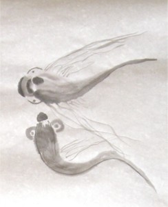 Dessin encre de chine de Shuilem, réalisé en 2008. Une œuvre de sérénité où l'amour des poissons se reflète dans une…