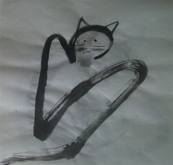 Dessin encre de chine abstrait de Shuilem représentant un chat, avec une ambiance calme et une émotion suggérée de…