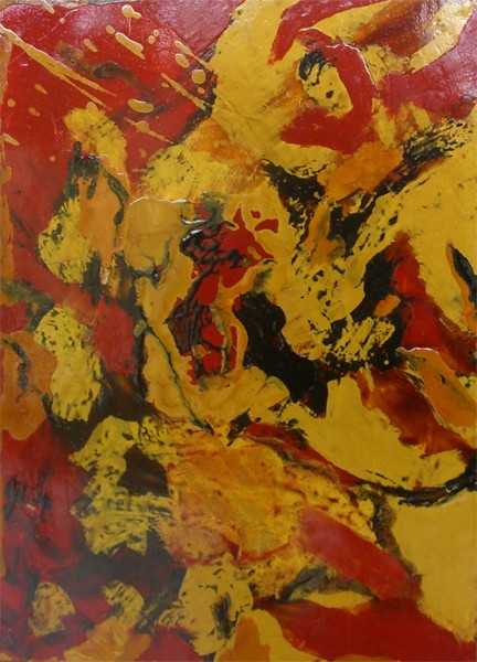 Découvrez « Le voyage dans le feu » de Shuilem, un tableau art laqué chargé d'énergie et de couleurs vives.