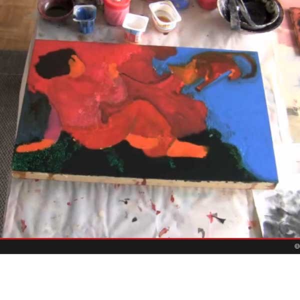 Vidéo tableau asistique l'enfant et le chat, Shuilem, 2006. Une œuvre expressionniste en acrylique qui fusionne la peinture…
