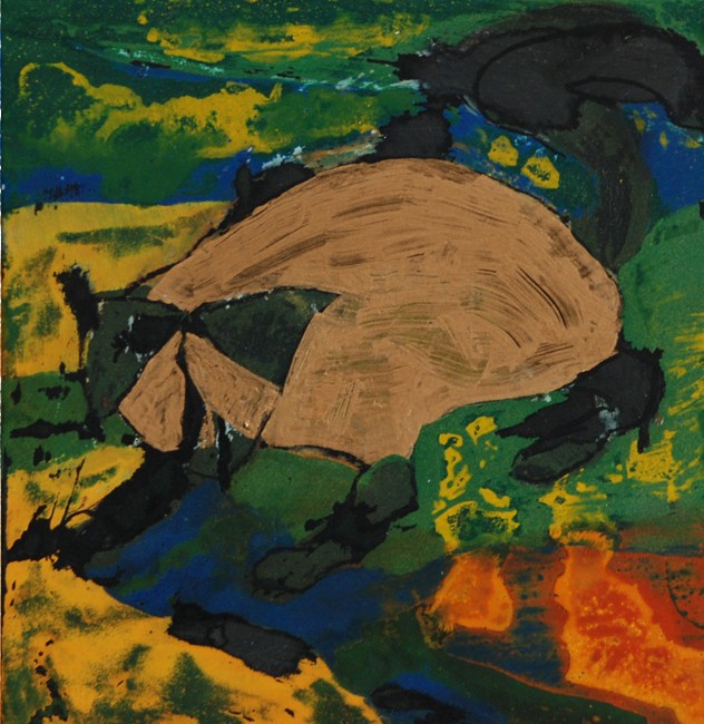 Découvrez la peinture d'art laqué de Shuilem, 'Le chat qui joue avec l'eau', une œuvre abstraite et colorée.