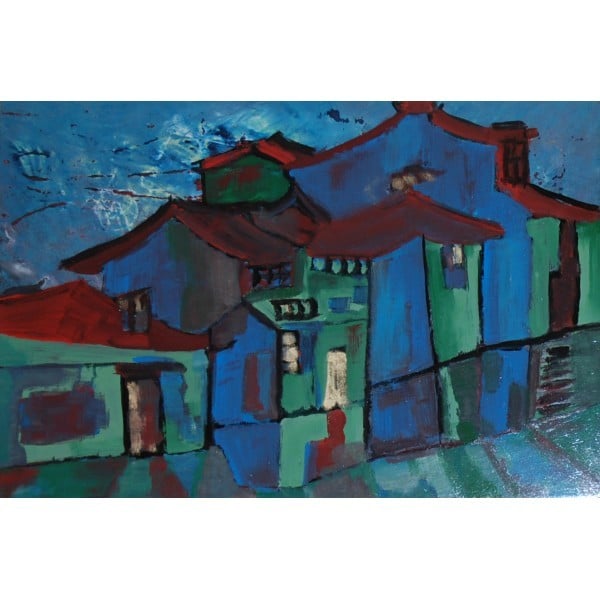 Tableau laqué La nuit tombe sur le village au bord du lac