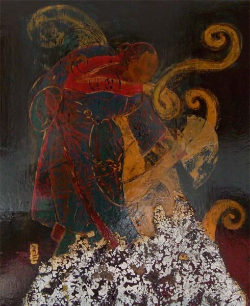 Tableau laqué de Shuilem, créé en 2015, représentant un dragon et une abeille dans une atmosphère mystérieuse et dynamique.