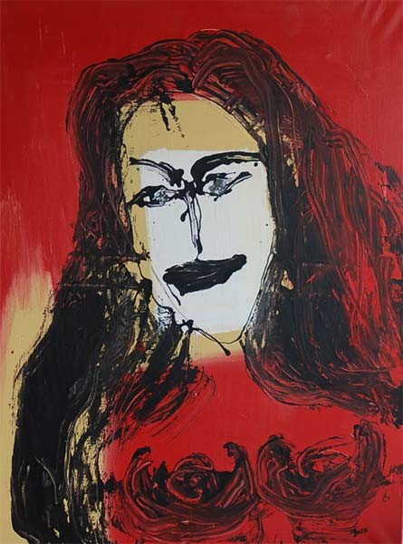 Tableau réalisé en huile sur toile, représentant une femme en robe rouge entourée de roses. Efficace dans l'évocation d'une…