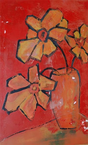 Tableau laqué abstrait de Shuilem, featuring des fleurs et un vase en laque.