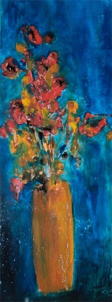 Tableau art laqué de Shuilem, 2018. Expressionnisme, fleurs, vase, eau, apaisement.