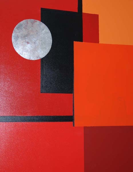 Tableau abstrait en huile sur toile, représentant une lune blanche sur une dune rouge. Découvrez la description de cette…