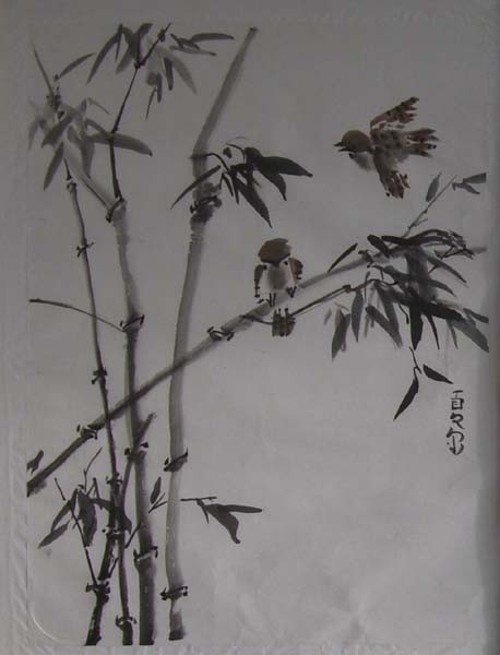 Tableau d'art encre de chine par Shuilem, représentant un oiseau en repos sur un bambou