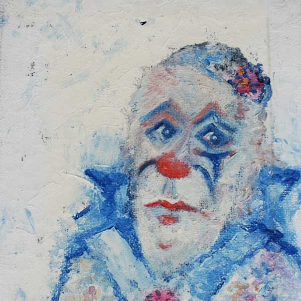 Tableau figuratif à l'huile sur toile, représentant un clown heureux et serein.